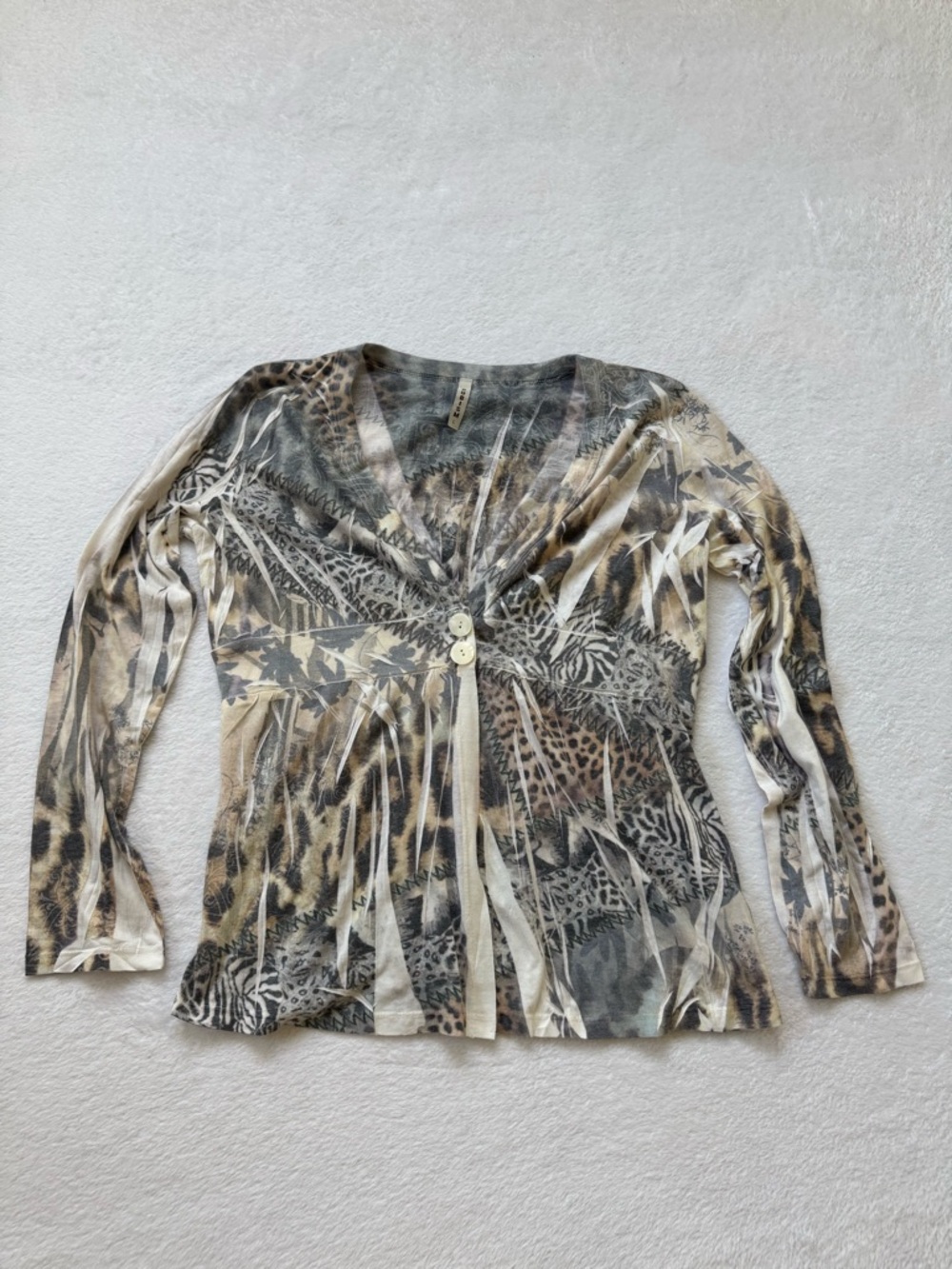 Y2K Animal Print Long Sleeve Top with 2 button closure  - Taupe Mix